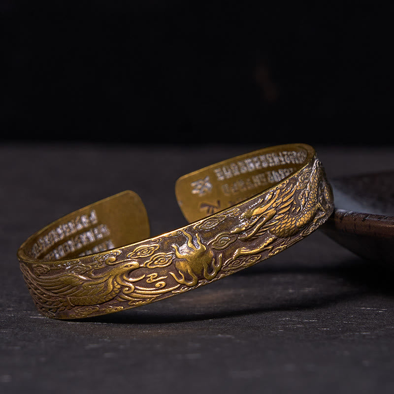 KarmaRipple's Dragon And Phoenix Playing With A Pearl Heart Sutra Carved Bronze Brass Fortune Bracelet Bangle p12