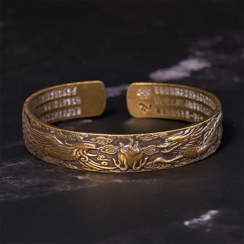 KarmaRipple's Dragon And Phoenix Playing With A Pearl Heart Sutra Carved Bronze Brass Fortune Bracelet Bangle p3