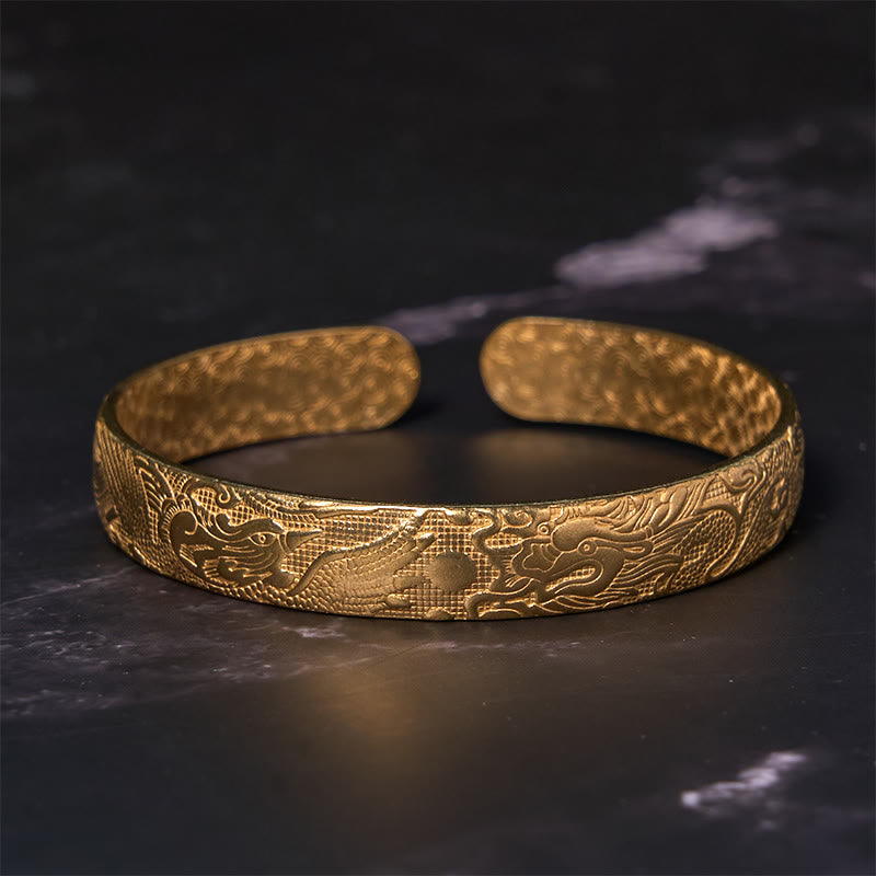 KarmaRipple's Dragon And Phoenix Playing With A Pearl Carved Bronze Brass Fortune Protection Bracelet Bangle p9