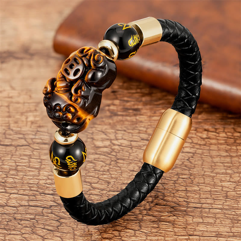 KarmaRipple's Tiger Eye Black Onyx Red Agate PiXiu Bronze Coin Om Mani Padme Hum Strength Leather Bracelet p14