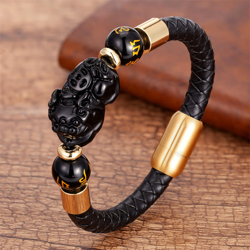 KarmaRipple's Tiger Eye Black Onyx Red Agate PiXiu Bronze Coin Om Mani Padme Hum Strength Leather Bracelet p18