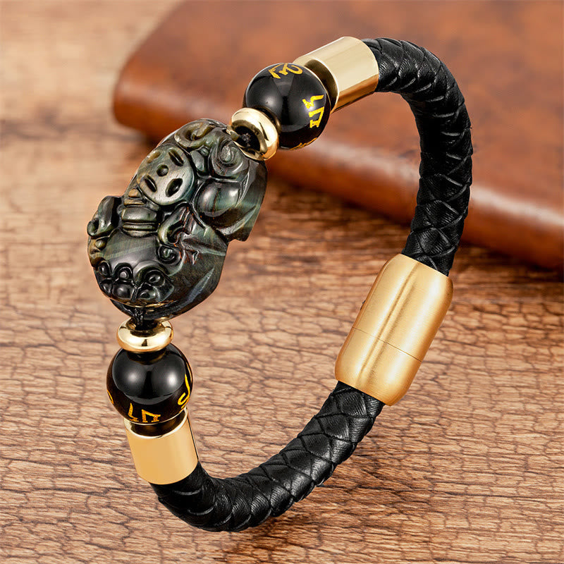 KarmaRipple's Tiger Eye Black Onyx Red Agate PiXiu Bronze Coin Om Mani Padme Hum Strength Leather Bracelet p3