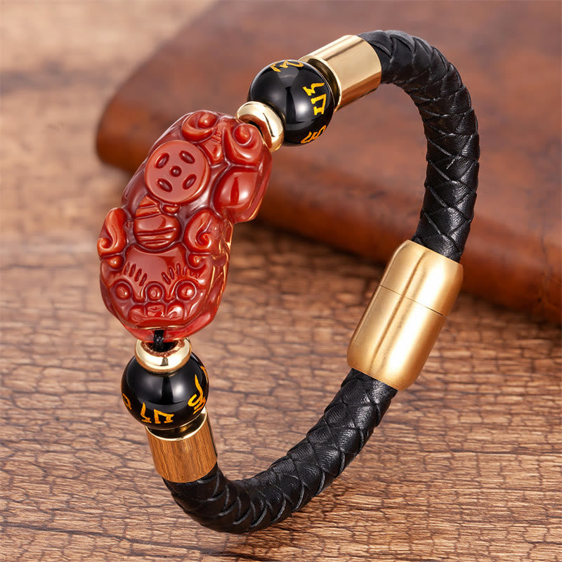 KarmaRipple's Tiger Eye Black Onyx Red Agate PiXiu Bronze Coin Om Mani Padme Hum Strength Leather Bracelet p23