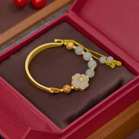 KarmaRipple's Hetian Jade 925 Sterling Silver Flower Fortune Cuff Half Bracelet Bangle