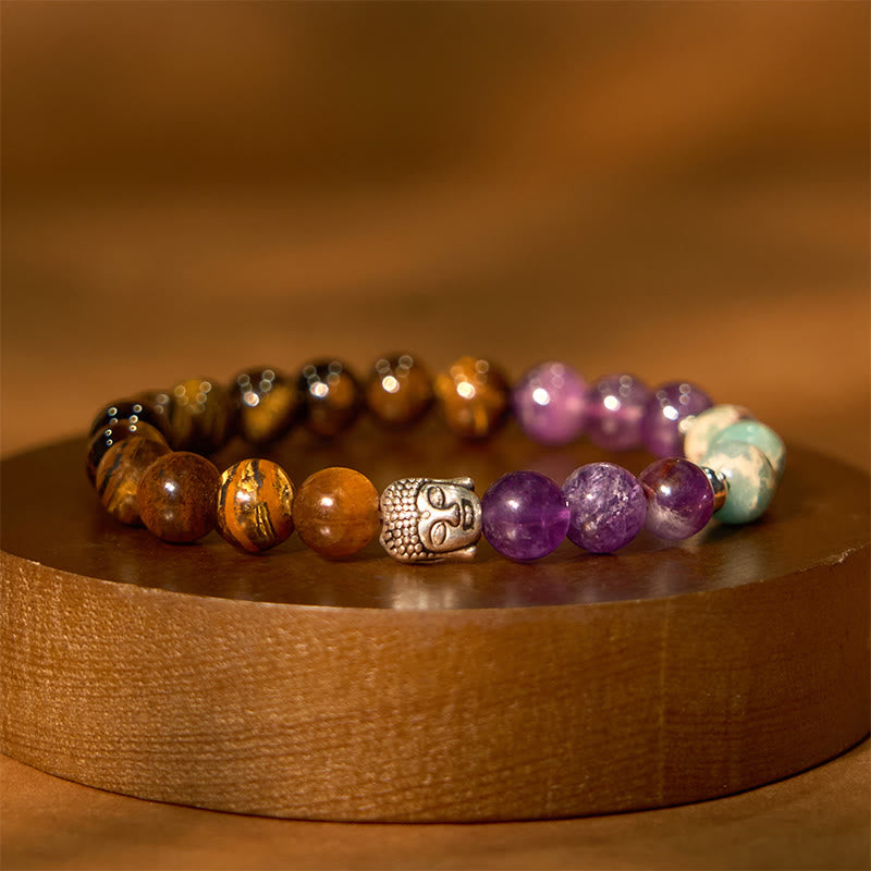 KarmaRipple's Authentic Black Onyx Ivory Stone Green Aventurine Tiger Eye Agate Mixed Color Buddha Head Protection Bracelet p4