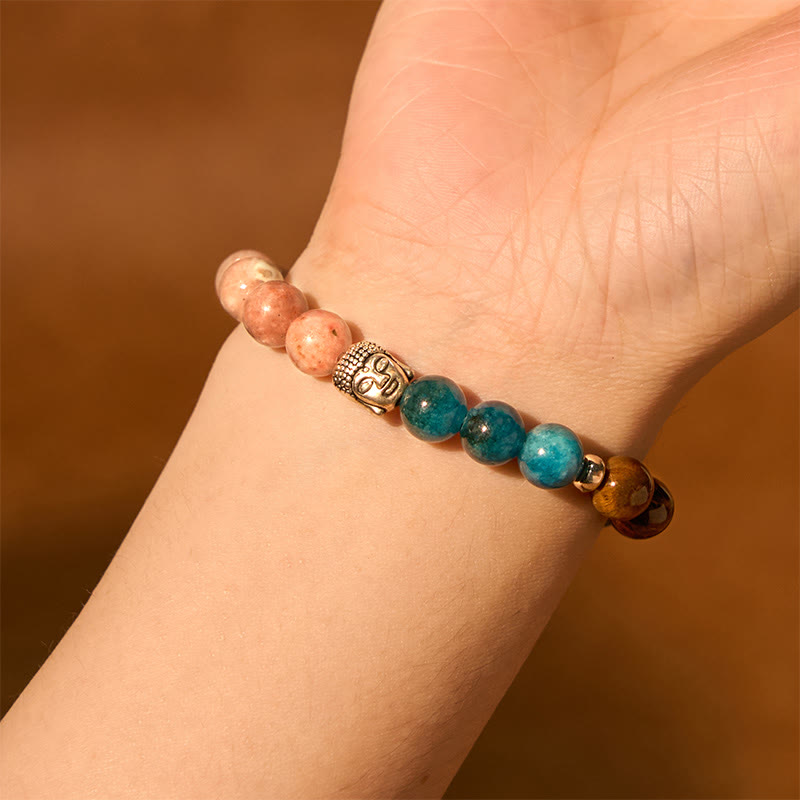 KarmaRipple's Authentic Black Onyx Ivory Stone Green Aventurine Tiger Eye Agate Mixed Color Buddha Head Protection Bracelet p29