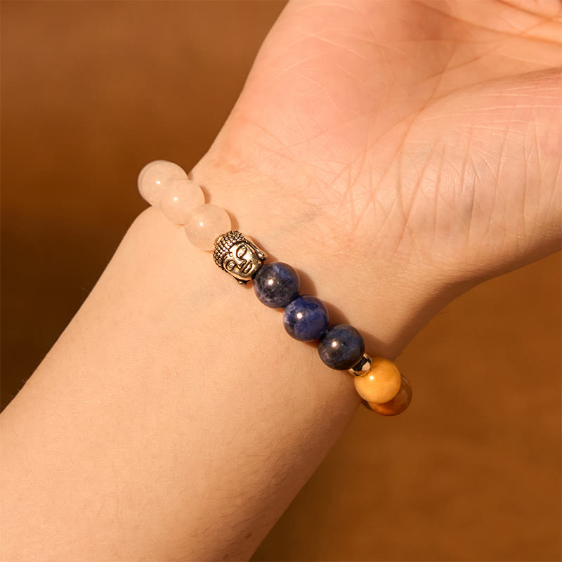 KarmaRipple's Authentic Black Onyx Ivory Stone Green Aventurine Tiger Eye Agate Mixed Color Buddha Head Protection Bracelet p17