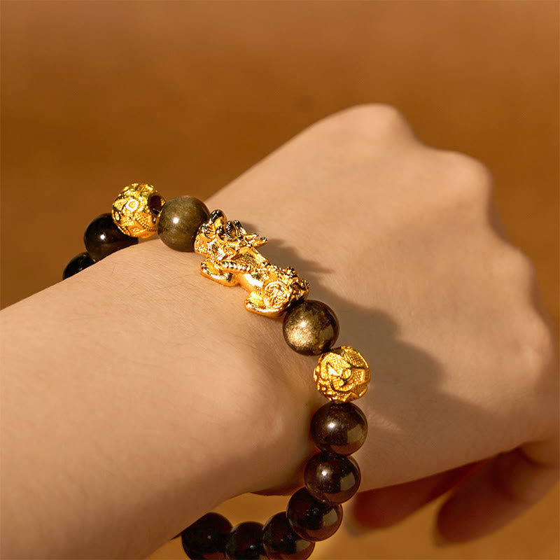 KarmaRipple's Authentic Gold Sheen Obsidian PiXiu Om Mani Padme Hum Wealth Bracelet p5