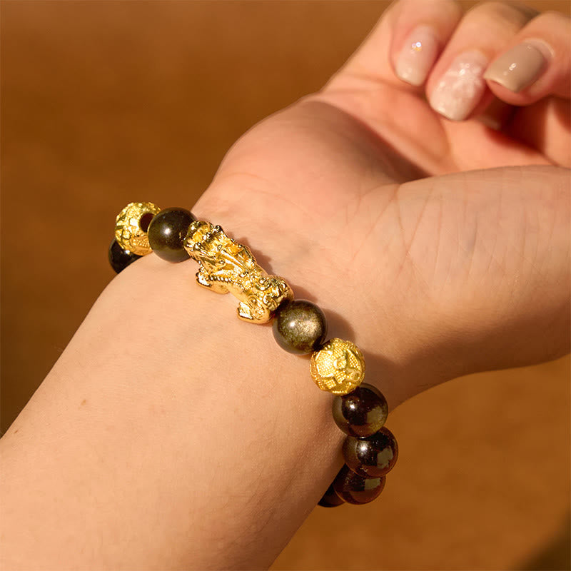 KarmaRipple's Authentic Gold Sheen Obsidian PiXiu Om Mani Padme Hum Wealth Bracelet p6