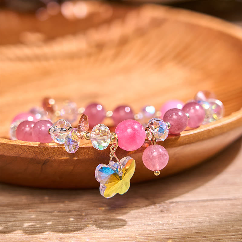 KarmaRipple's Strawberry Quartz Ivory Gemstone Pink Gemstone Butterfly Love Bracelet p1