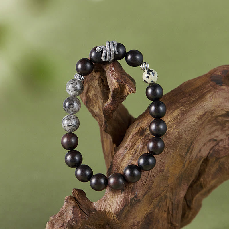 KarmaRipple's Ebony Wood Black Rutilated Quartz 925 Sterling Silver Year Of The Snake Balance Bracelet p2