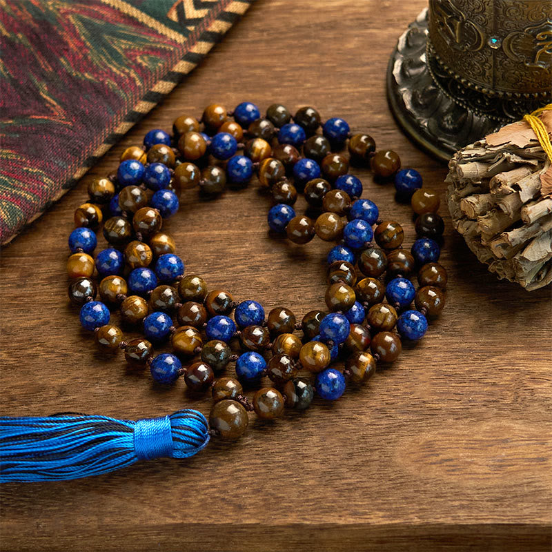 KarmaRipple's 108 Beadwork Authentic Stone Tiger Eye Lazurite Mala Tassel Protection Bracelet p9