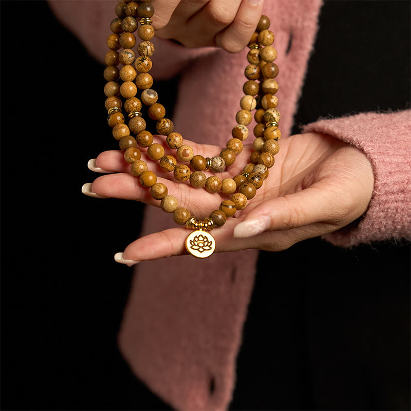 KarmaRipple's 108 Beadwork Picture Jasper Mala Lotus Courage Bracelet p5