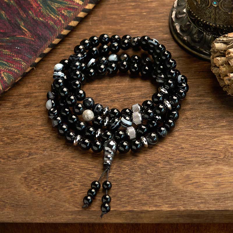 KarmaRipple's 108 Mala Beadwork Authentic Stone Black Onyx Protection Bracelet p1