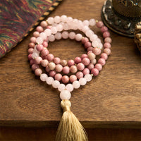 KarmaRipple's 108 Mala Beadwork Rhodonite Rose Quartz Tassel Balancing Bracelet