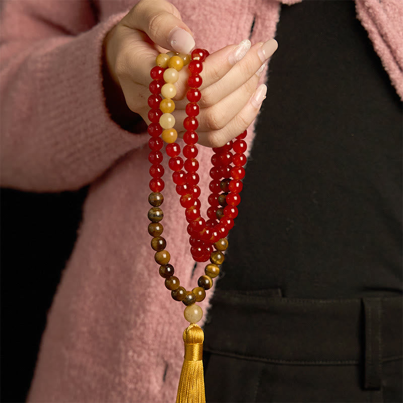 KarmaRipple's 108 Mala Beadwork Red Agate Tiger Eye Yellow Tassel Calm Bracelet p3