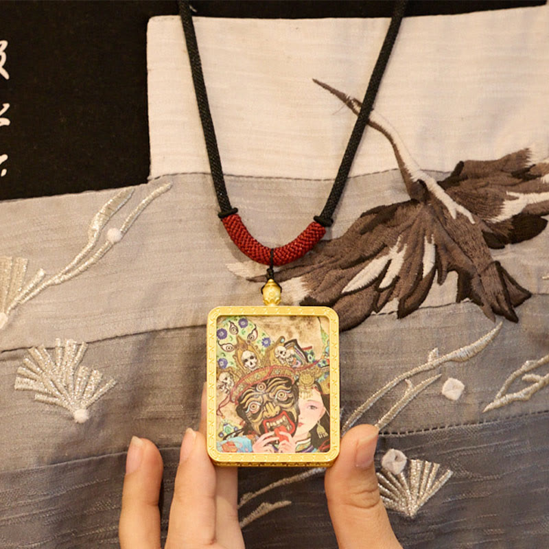 KarmaRipple's Tibetan Zakiram Nine Tailed Fox Yellow God of Wealth Painted Thangka Hope Pendant Necklace p16