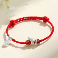 KarmaRipple's 999 Sterling Silver Year Of The Snake Red Agate Black Onyx Fortunate Fortune Six True Words Happiness Woven Bracelet