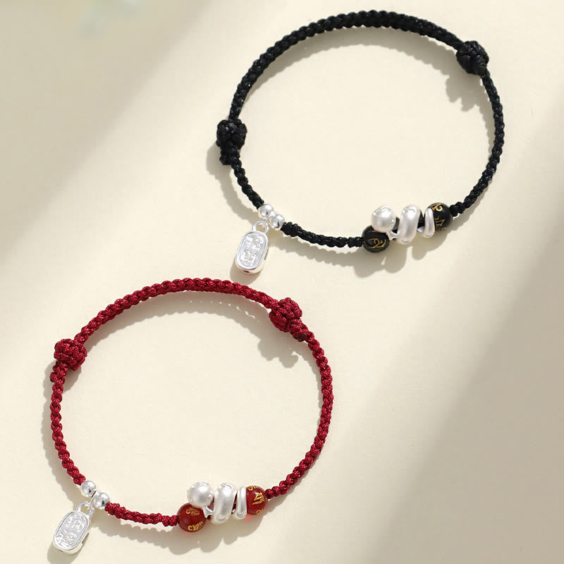 KarmaRipple's 999 Sterling Silver Year Of The Snake Red Agate Black Onyx Fortunate Fortune Six True Words Happiness Woven Bracelet p5