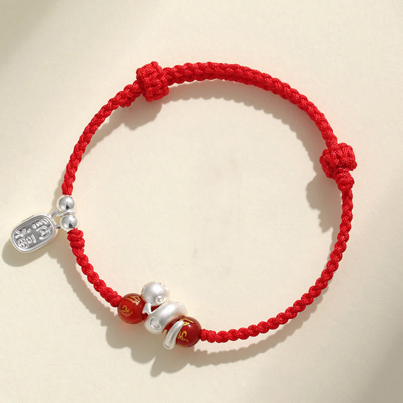 KarmaRipple's 999 Sterling Silver Year Of The Snake Red Agate Black Onyx Fortunate Fortune Six True Words Happiness Woven Bracelet p7