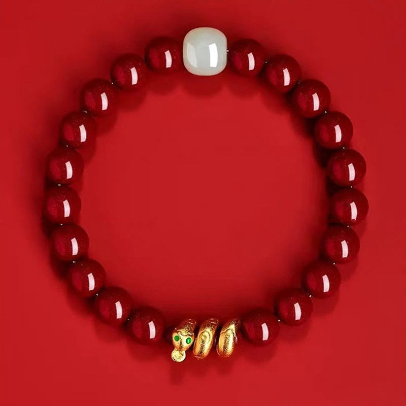 KarmaRipple's Cinnabar Bead Hetian Jade Year Of The Snake Blessing Bracelet p4