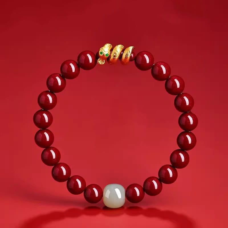 KarmaRipple's Cinnabar Bead Hetian Jade Year Of The Snake Blessing Bracelet p3