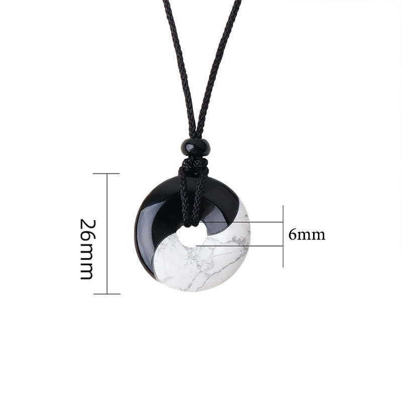 KarmaRipple's Authentic Black Obsidian Ivory Turquoise Yin Yang Peace Buckle Design Woven String Strength Pendant Necklace p10