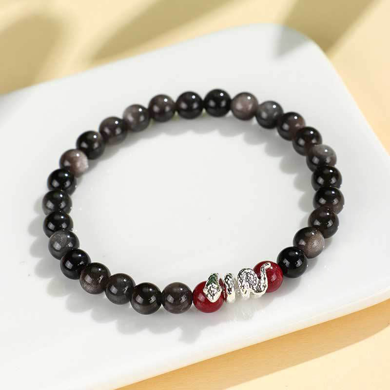 KarmaRipple's Silver Sheen Obsidian Cinnabar Bronze Year of the Snake Protection Bracelet p1