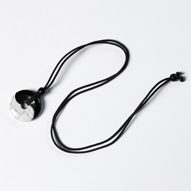 KarmaRipple's Authentic Black Obsidian Ivory Turquoise Yin Yang Peace Buckle Design Woven String Strength Pendant Necklace p14
