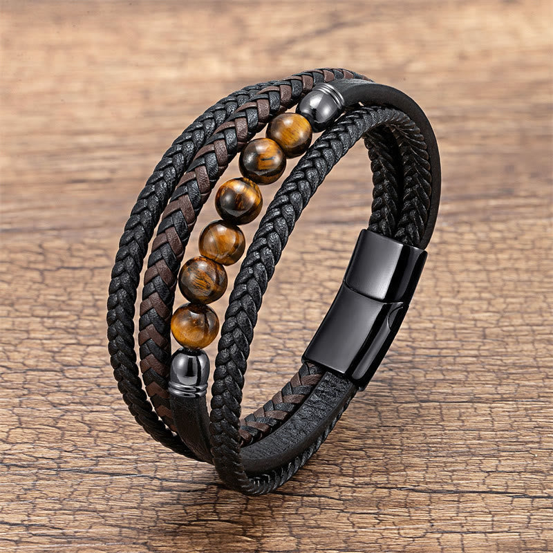 KarmaRipple's Tiger Eye Lava Rock Black Onyx Lazurite Hematite Bead Positive Leather Bracelet p44