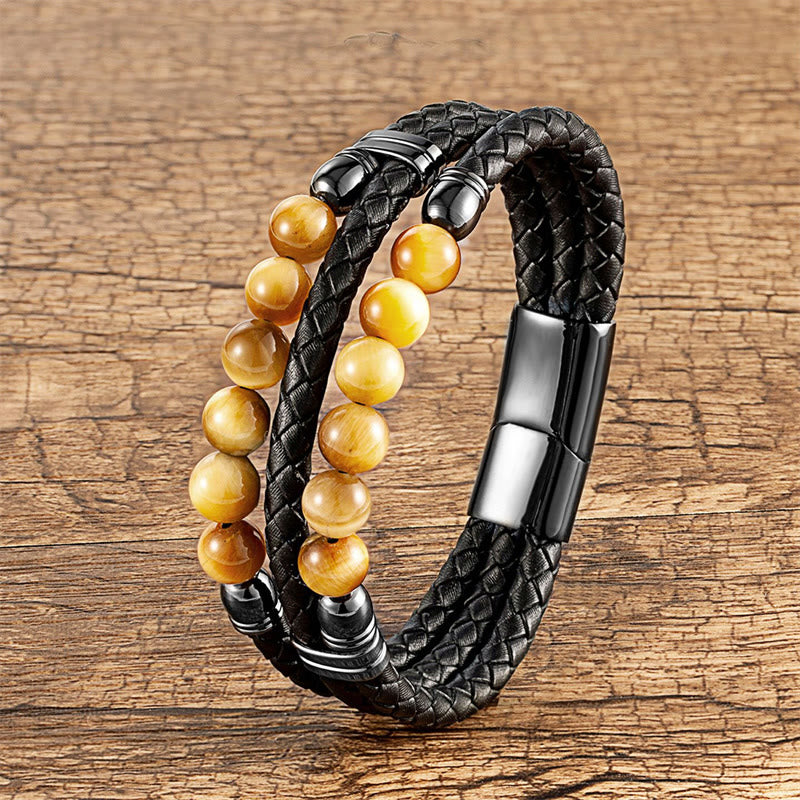 KarmaRipple's Tiger Eye Hematite Lava Rock Black Onyx Lazurite Beadwork Protection Strength Leather Bracelet p2