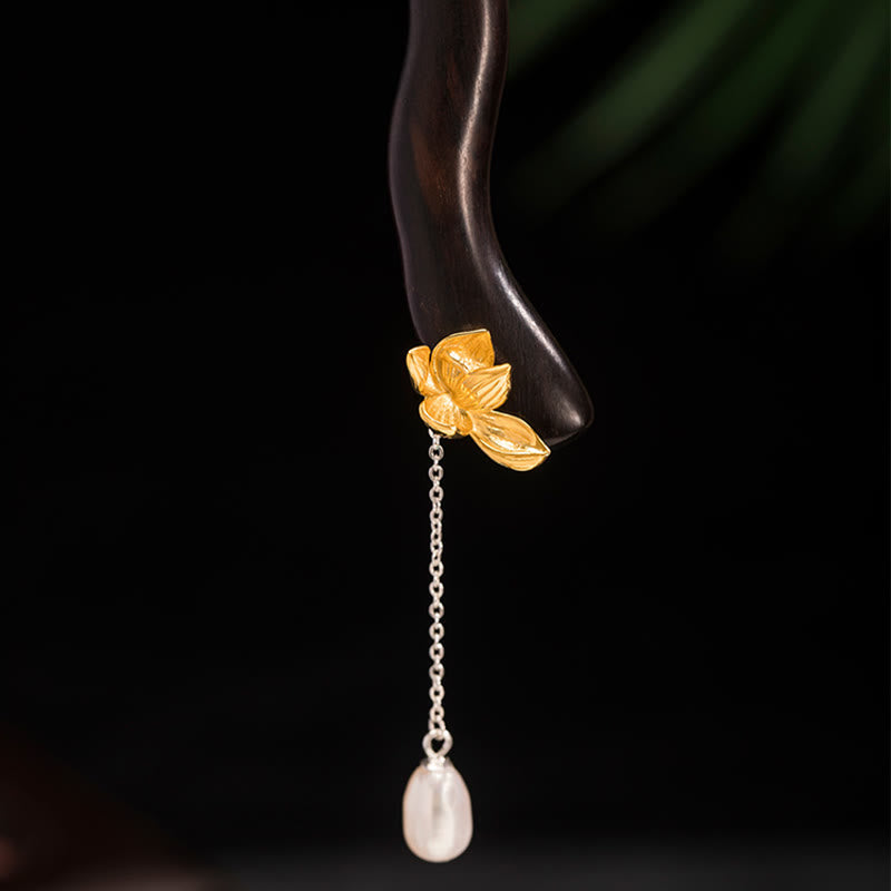 KarmaRipple's 925 Sterling Silver Classical Chinese Style Ebony Lotus Flower Pearl Tassel Blessing Hairpin p8