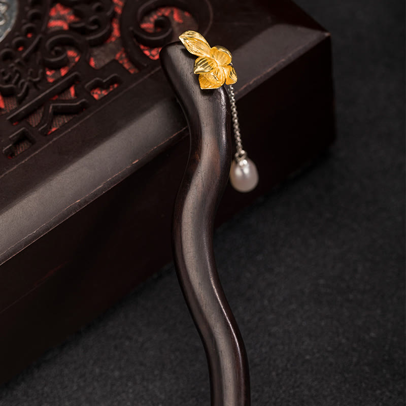 KarmaRipple's 925 Sterling Silver Classical Chinese Style Ebony Lotus Flower Pearl Tassel Blessing Hairpin p2