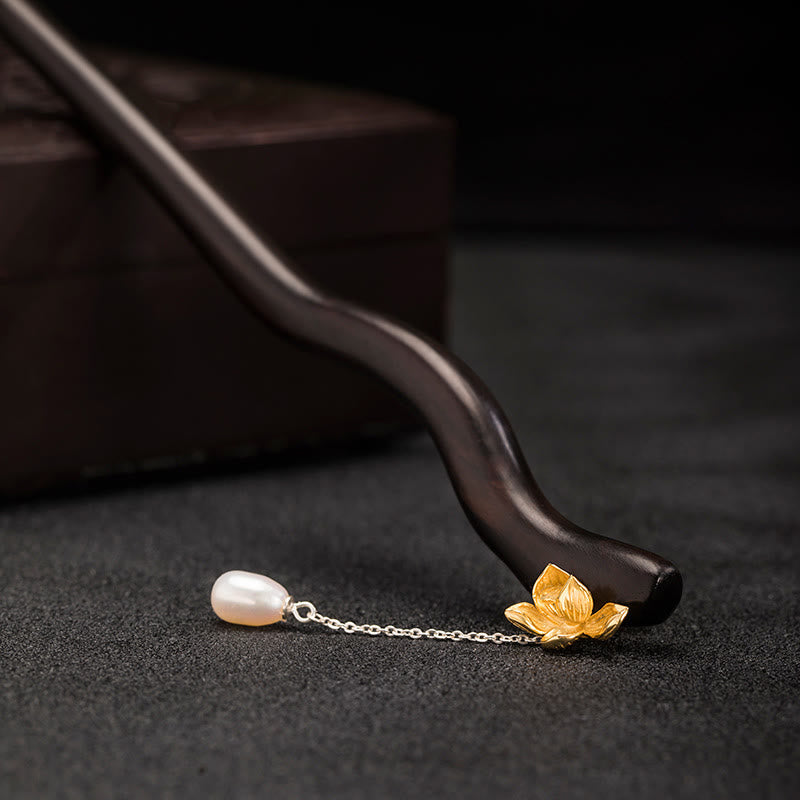 KarmaRipple's 925 Sterling Silver Classical Chinese Style Ebony Lotus Flower Pearl Tassel Blessing Hairpin p10