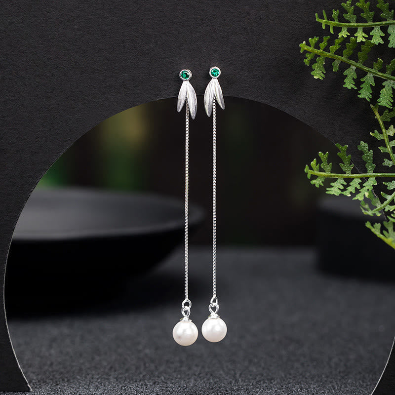 KarmaRipple's 925 Sterling Silver Zircon Pearl Bamboo Leaves Protection Drop Earrings p11