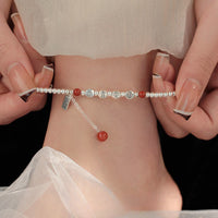 KarmaRipple's 925 Sterling Silver Small Beadwork Red Agate Peace And Joy Blessing Anklet