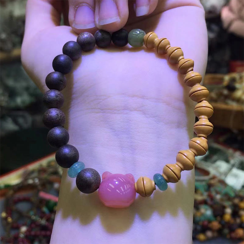 KarmaRipple's 6mm Qinan Agarwood Olive Pit Yanyuan Agate Cat Shape Balance Bracelet p8