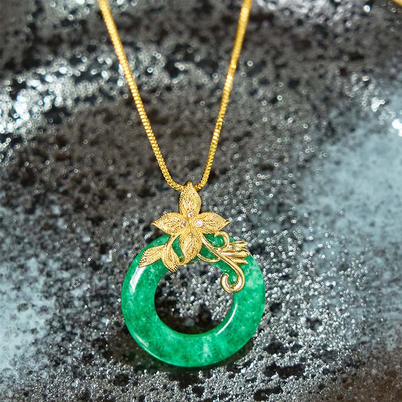 KarmaRipple's Cyan Jade Peace Buckle Alloy Flower Balancing Fortune Pendant Necklace p8