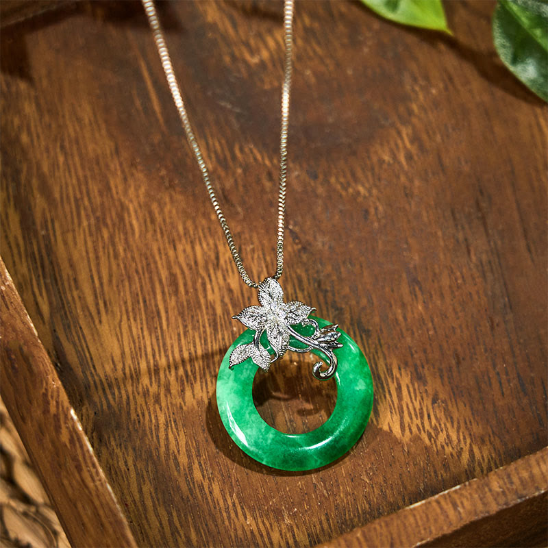 KarmaRipple's Cyan Jade Peace Buckle Alloy Flower Balancing Fortune Pendant Necklace p14