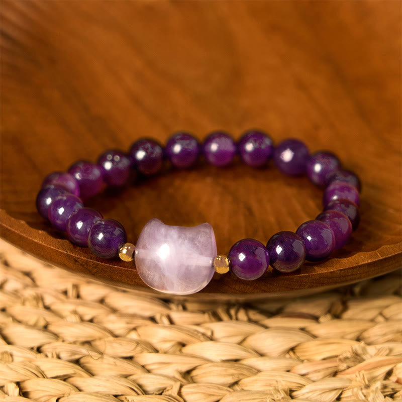 KarmaRipple's Amethyst Green Aventurine Rose Quartz Fluorite Cat Head Balance Fortune Bracelet p21