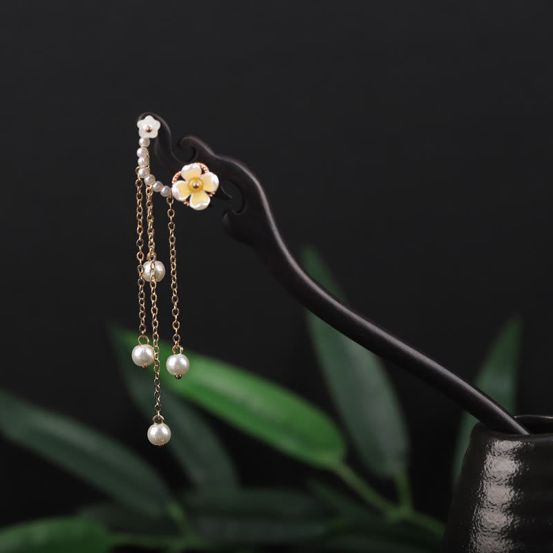 KarmaRipple's Ebony Shell Flower Pearl Tassel Blessing Hairpin p2