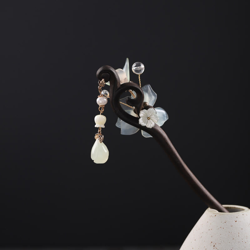 KarmaRipple's Ebony Jade Shell Magnolia Tassel Blessing Hairpin p9