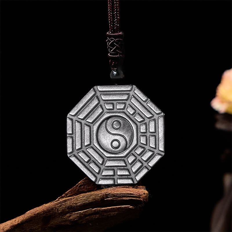 KarmaRipple's Silver Sheen Obsidian Bagua Yin Yang Symbol Protection Pendant Necklace p3