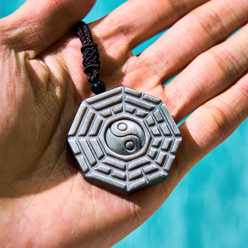 KarmaRipple's Silver Sheen Obsidian Bagua Yin Yang Symbol Protection Pendant Necklace p11
