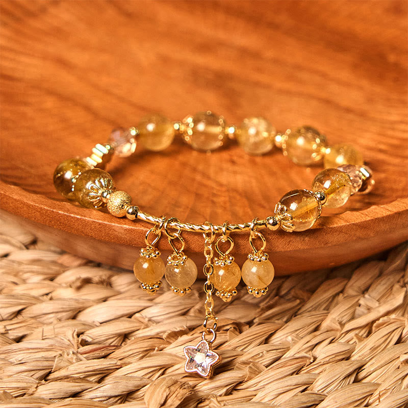 KarmaRipple's Authentic Colored Yellow Rutilated Quartz Four Leaf Clover Star Auspiciousness Bracelet p4