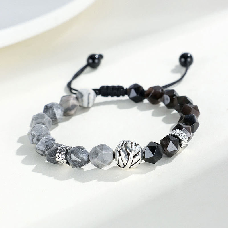 KarmaRipple's Authentic Irregular Cut Obsidian Grey Jasper 925 Sterling Silver Rolled Leaf Bead Protection Bracelet p13