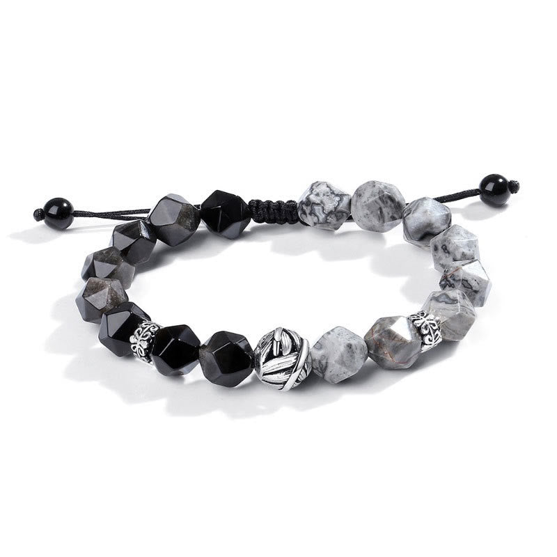 KarmaRipple's Authentic Irregular Cut Obsidian Grey Jasper 925 Sterling Silver Rolled Leaf Bead Protection Bracelet p11