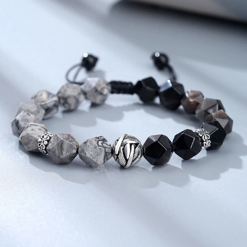 KarmaRipple's Authentic Irregular Cut Obsidian Grey Jasper 925 Sterling Silver Rolled Leaf Bead Protection Bracelet p12
