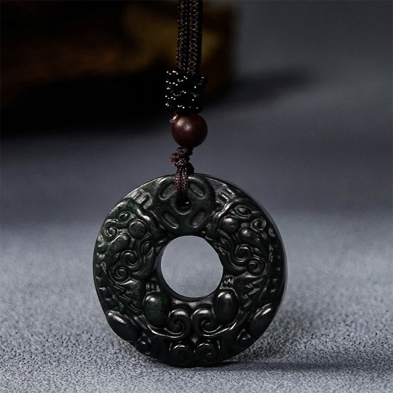 KarmaRipple's Tibetan Nanyang Black-Green Jade PiXiu Peace Buckle Protection Pendant Necklace p2