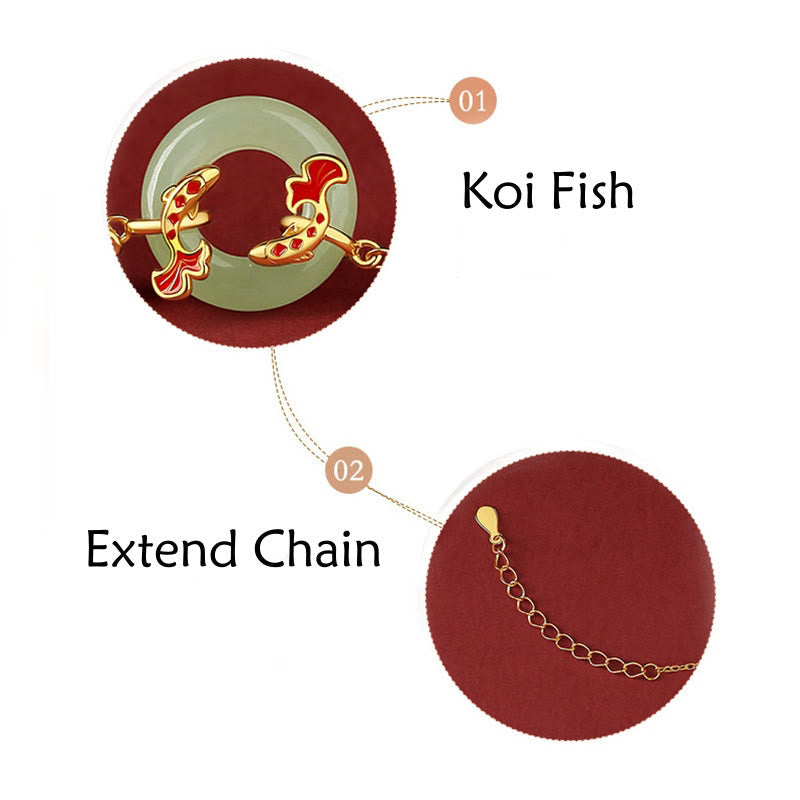 KarmaRipple's 999 Sterling Silver Hetian Ivory Jade Double Koi Fish Peace Buckle Fortunate Talisman Wealth Bracelet p7